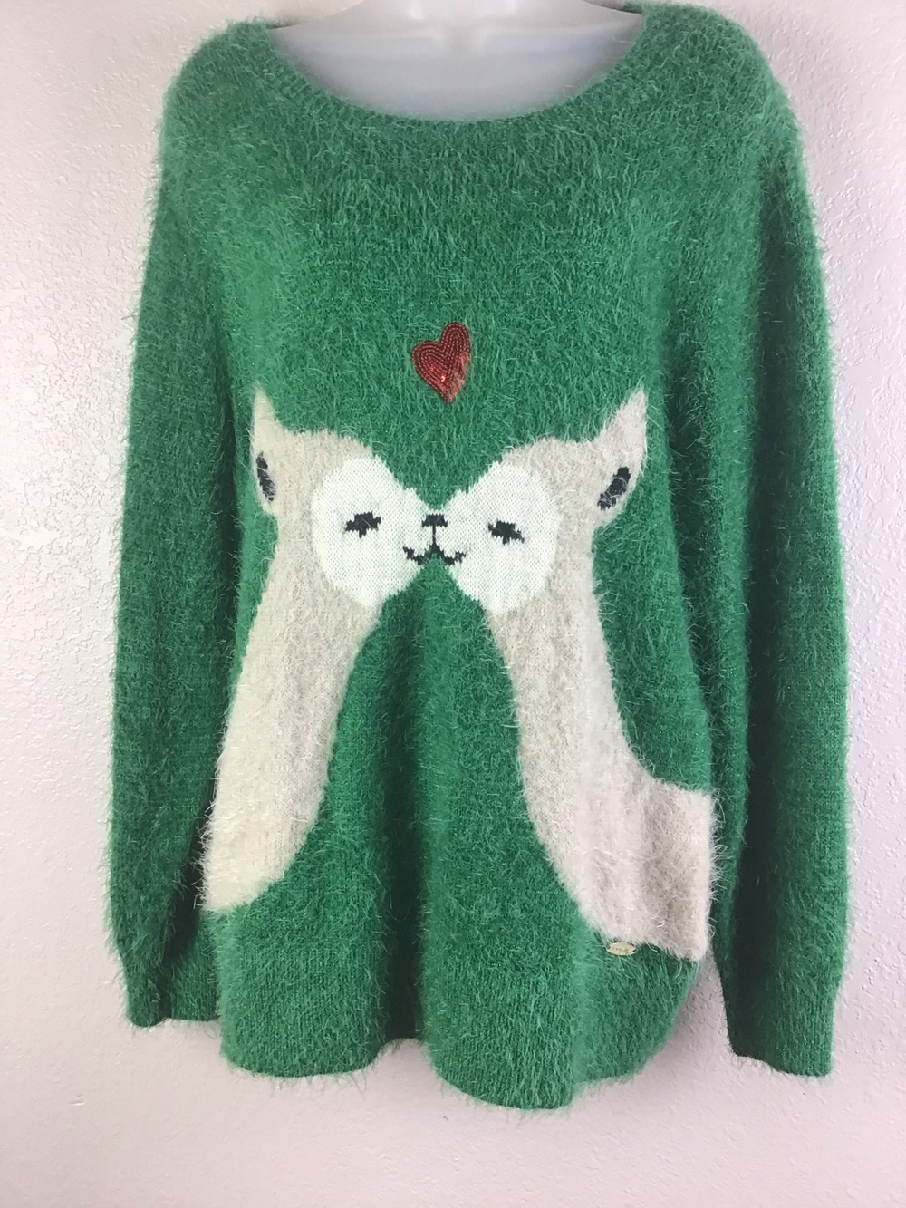Green Fuzzy Knit Sweater with Kissing Llamas Heart Motif Size Large